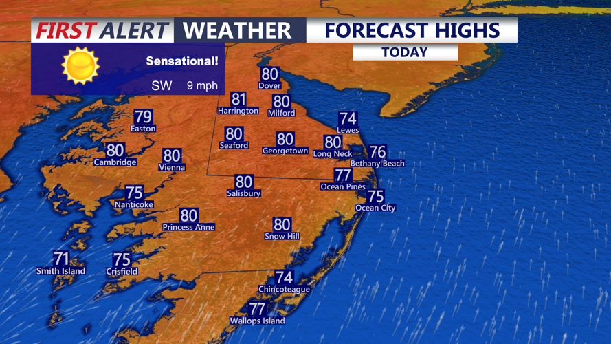 Image shows high temperatures on Delmarva.