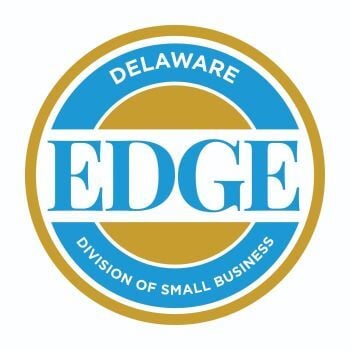a logo of he delaware division of small business, blue and gold, against a white background 