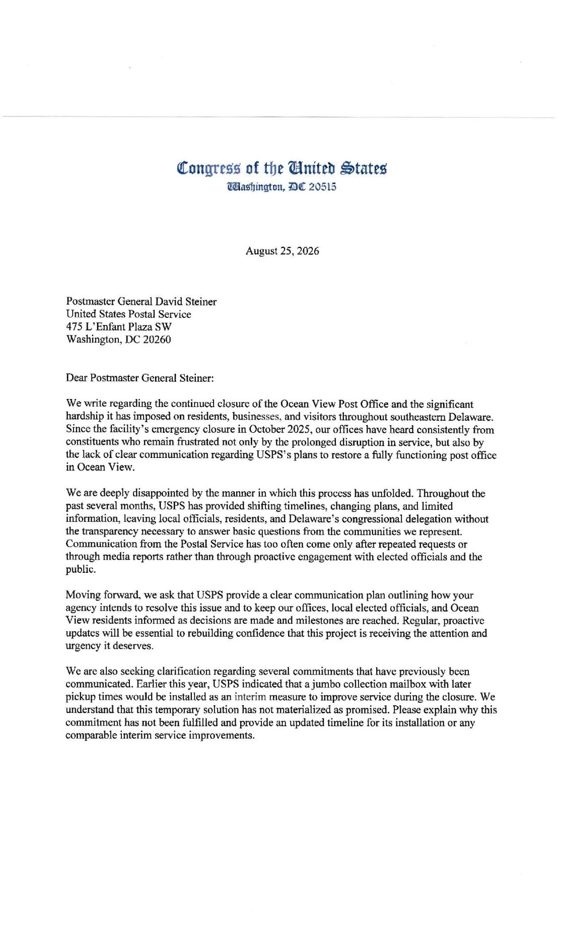Congressional Delegation's Letter