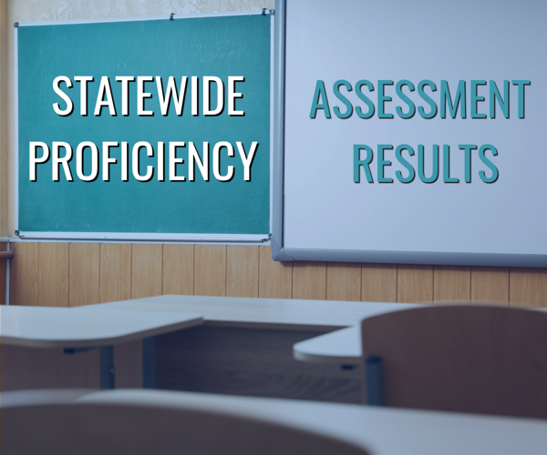 A chalk board and a white board in a classroom with the text "Statewide Proficiency Assessment Results."