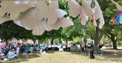 Attendees gathered on the west lawn of Legislative Hall in Dover during a rally supporting immigration-related legislation, where they displayed decorated paper butterflies representing immigrants detained in Delaware.