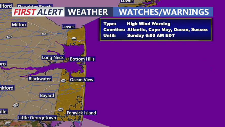 Image shows High Wind Warning at coast. 
