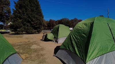 Tents at the Tharros homeless encampment in Lewes during fall 2024