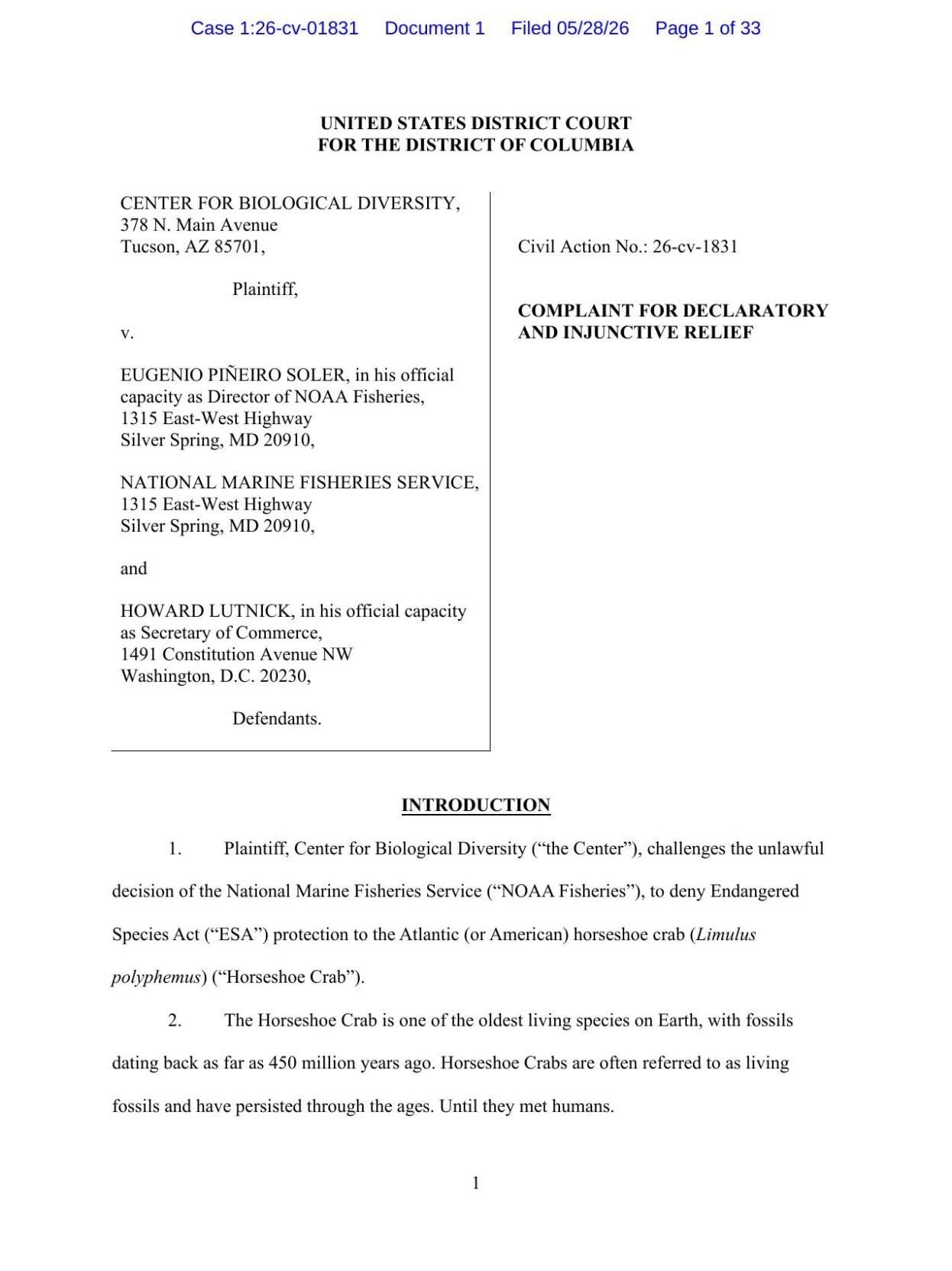 Horseshoe Crab Lawsuit
