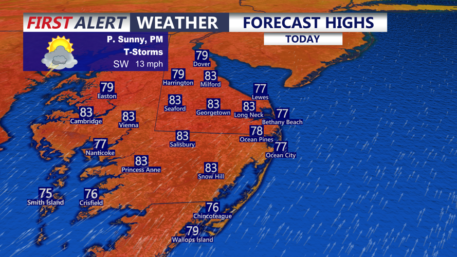 Image shows highs on Delmarva today.