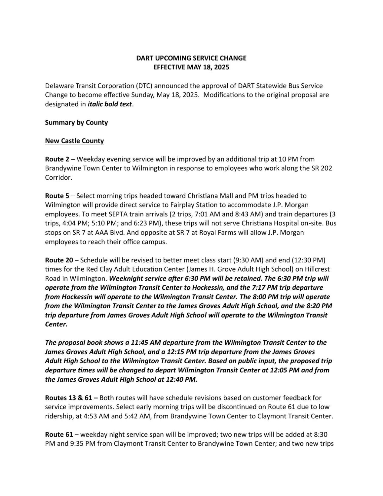 DART Route Changes