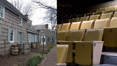 On the left, is the outside of the Lewes Cannonball House. On the right, are yellow theatre seats in side the Milton Theatre.