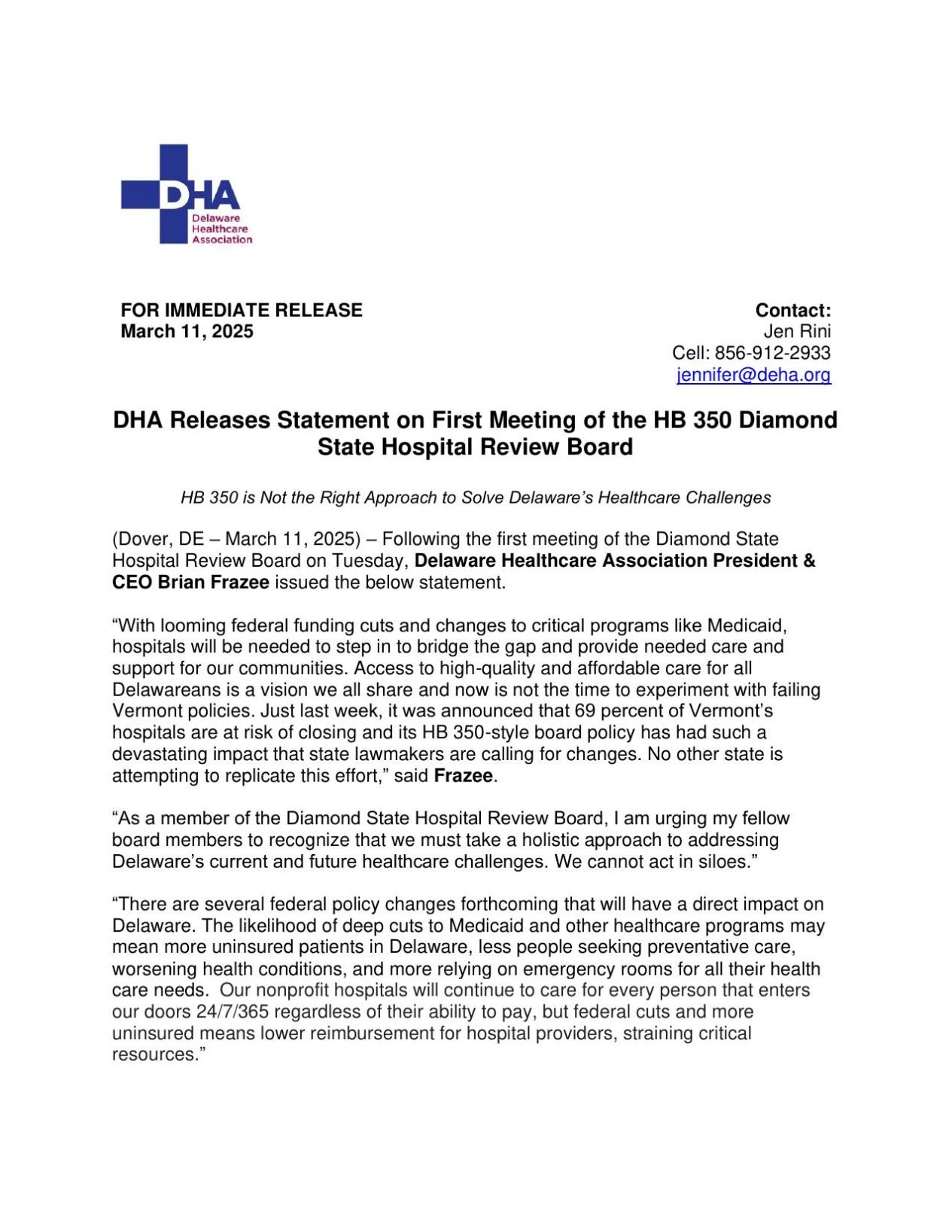 DHA Statement on HB 350