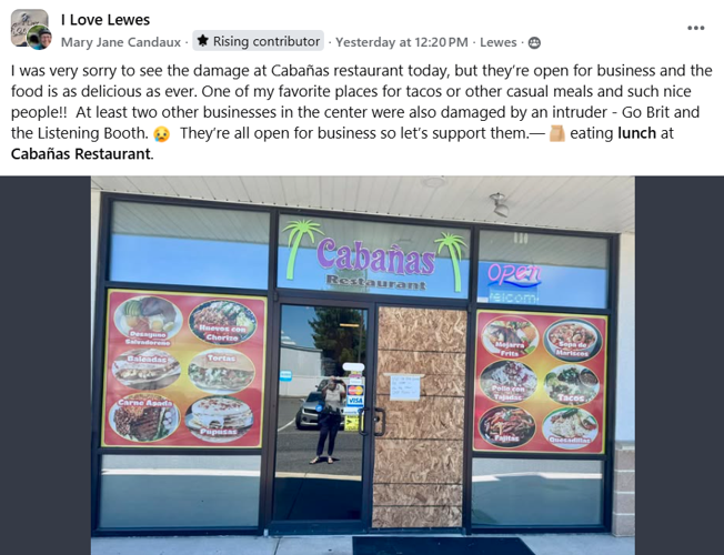 A Facebook post shared in the I Love Lewes group shows damage at Cabañas Restaurant following a reported burglary in Lewes. (Mary Jane Candaux)