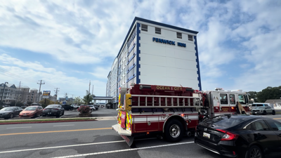 An Ocean City fire truck parked outside the Fenwick Inn hotel.