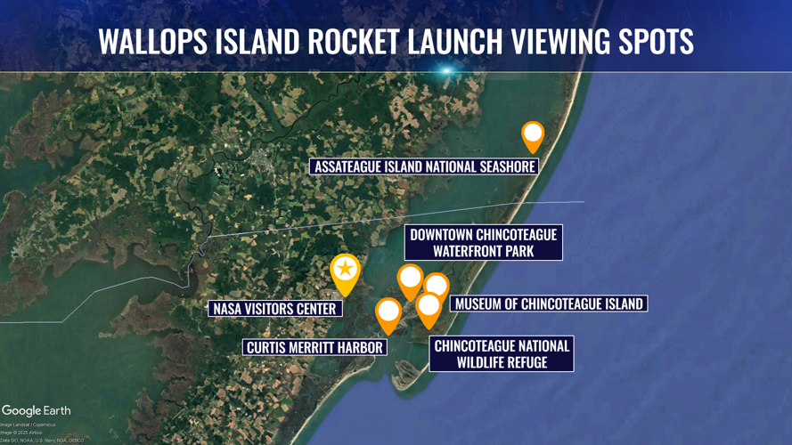 Map of the Delmarva peninsula with a yellow star at Wallops Island and orange dots surrounding.
