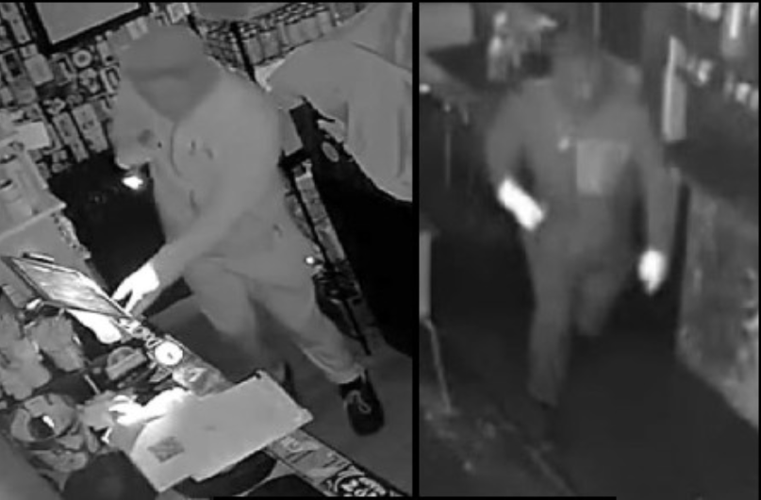 Surveillance images of two suspects connected to multiple business burglaries and attempted burglaries in Lewes. (DSP)