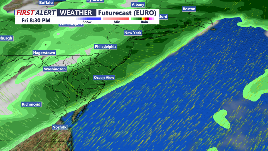 Image shows the chance for rain Friday.