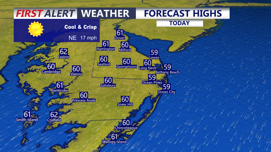 Image shows highs for Delmarva on Sunday.