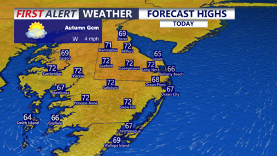 Image shows highs on Delmarva today.
