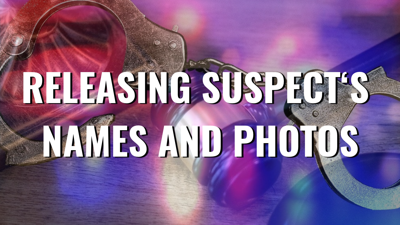 "Releasing Suspect's Names and Photos" over handcuffs and a judge gavel.