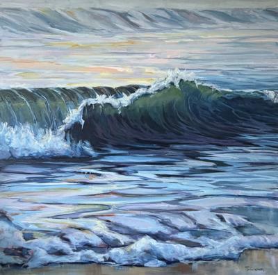 A painting of a wave crashing on shore.
