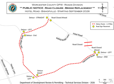 A map showing the Bishopville Hotel Road Bridge replacement plans. Detour routes are indicated Hammond Road, and Old Stage Road.