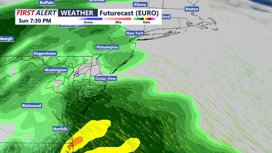 Image shows the chance or rain Sunday night. 