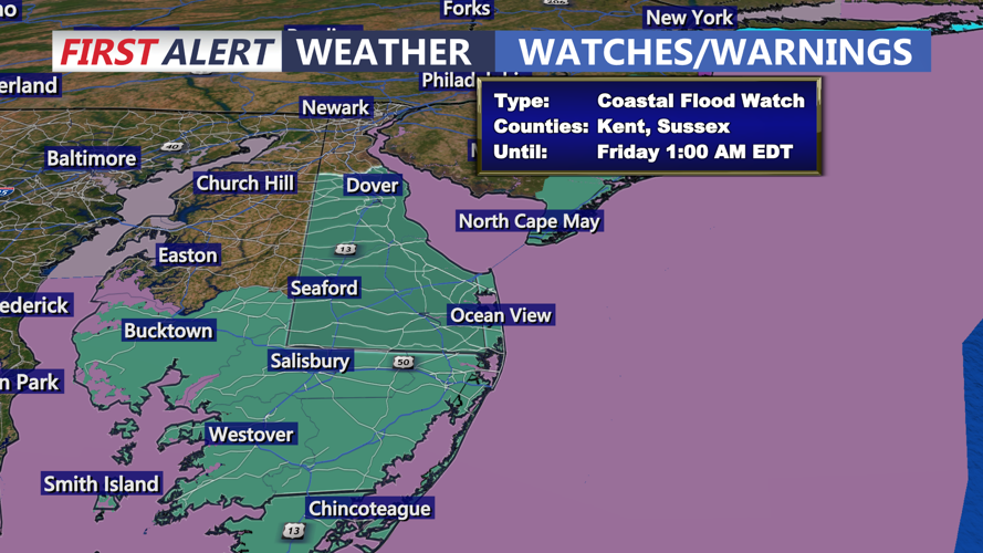 Image shows the latest watches and warnings on Delmarva.