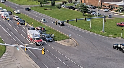 An ambulance on the scene of a crash involving several cars in the turn lane of U.S. 113 near DE 20 on July 30,2026.