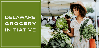 Women shopping for vegetables and big words saying "Delaware Grocery Initiative." 