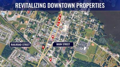 A map showing seven marks at all seven locations on main street and rail road street.
