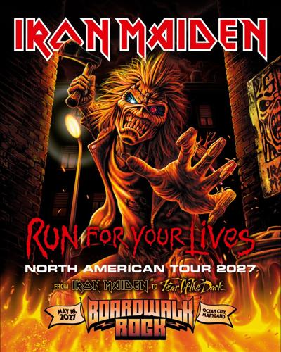 A poster for Iron Maiden headlining Boardwalk Rock. The poster features a monster of sorts standing in flames.