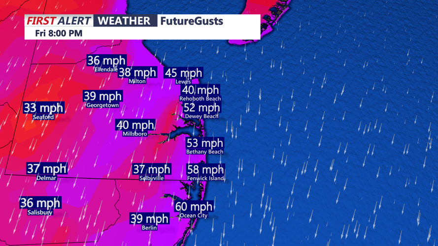 Graphic shows wind gusts into Friday night.
