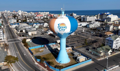 The Ocean City skyline looking north. Featuring the water tower situated between Coastal Highway and the Atlantic Ocean.