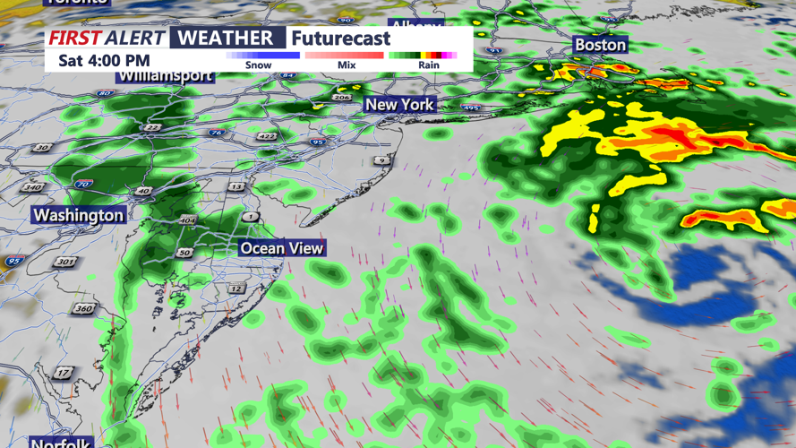 A radar map showing rain for 4 p.m. with green blotches.