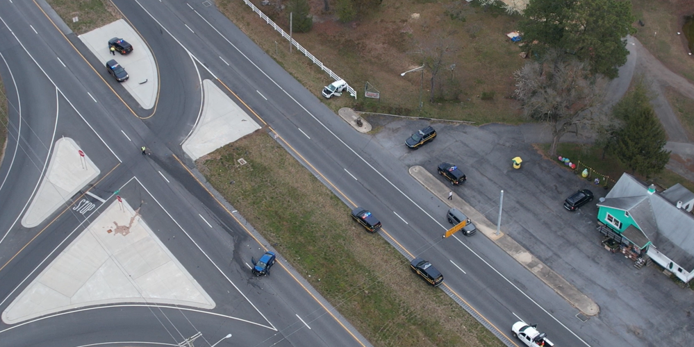 The crash occurred at the intersection of Route 1 and Union Street Extended, near Coastal Wine & Spirits. It appears to have involved the blue car, seen near the bottom of this photo, and the white one, seen near the top.