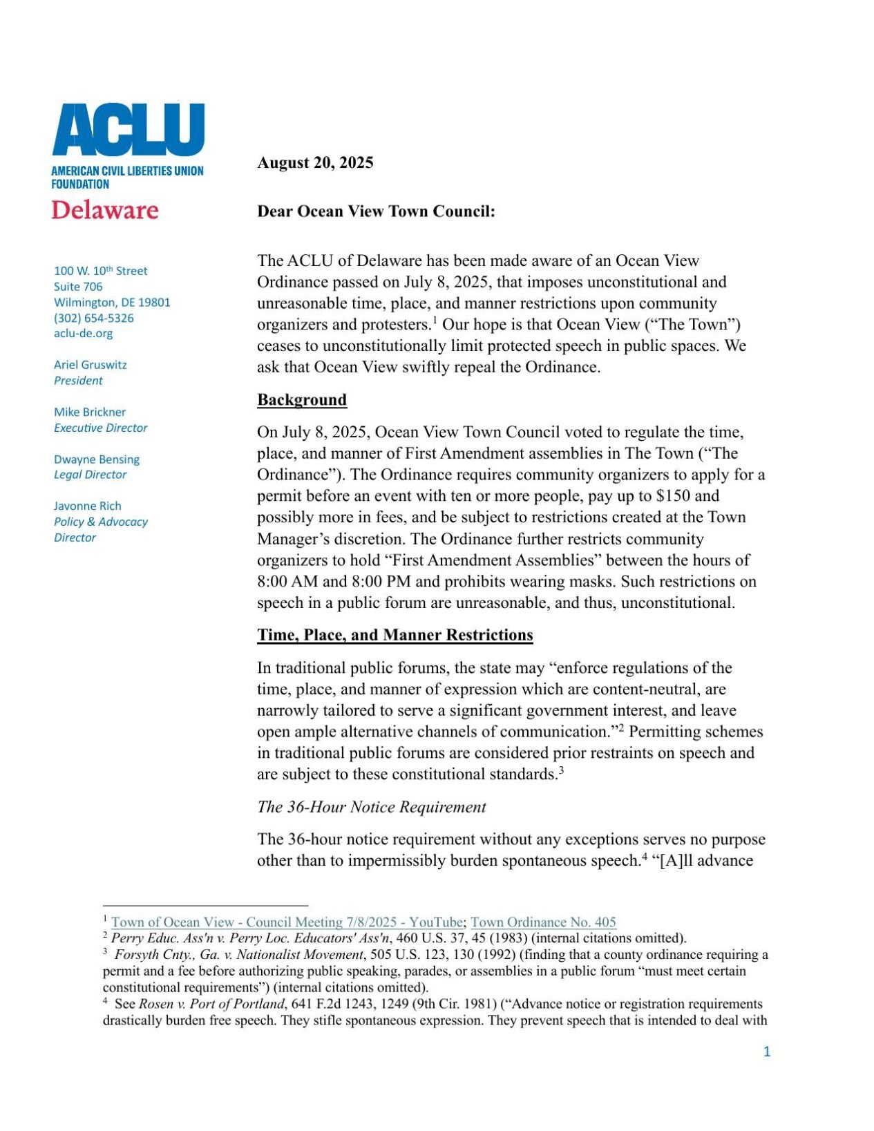 ACLU letter to Ocean View from August 2025