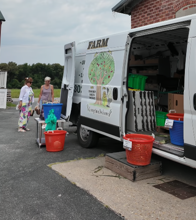 A white van is set up in a parking lot with bins of produce outside of it.