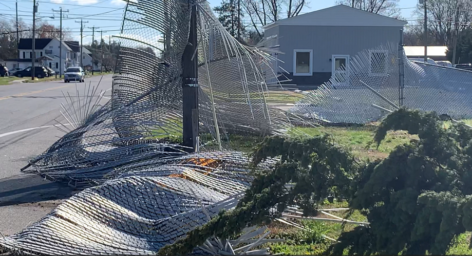 Trees are down and a fence is wrapped around a utility pole in Ellendale.