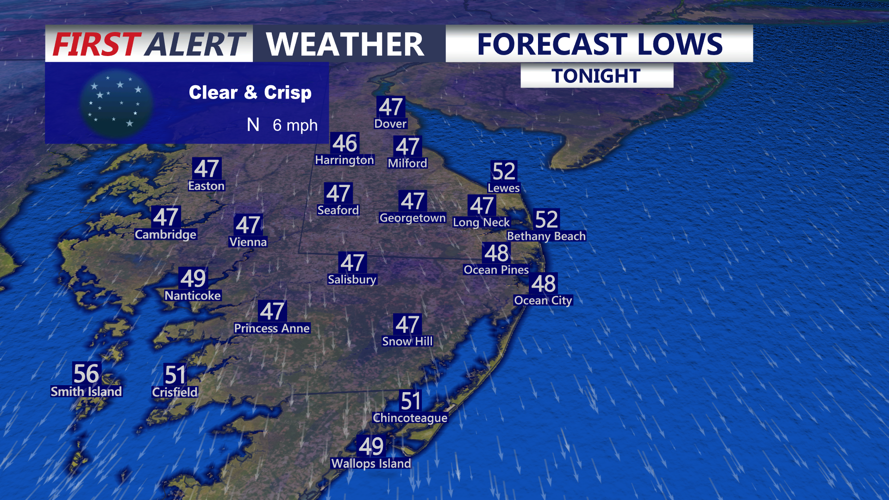 Image shows forecast overnight lows on Delmarva. 