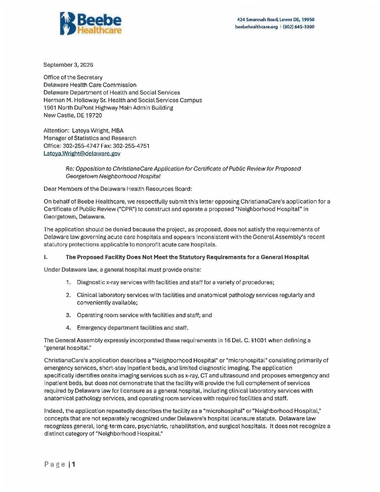Beebe Health Care Letter
