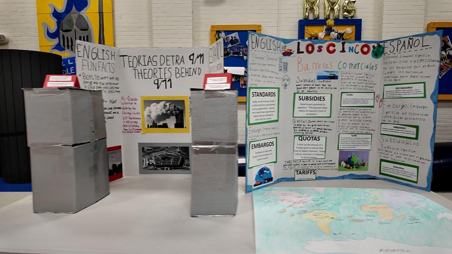 Trifold displays created by students for the social studies fair.