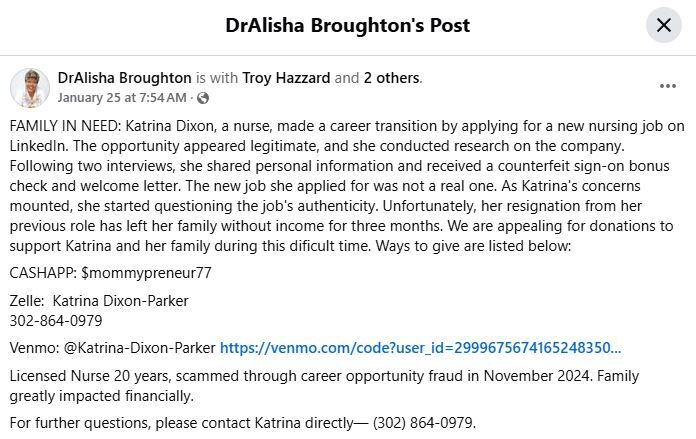 A Facebook post to help a Millsboro woman who fell victim to an employment scam