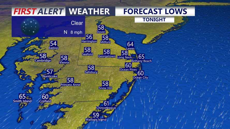 Graphic shows overnight lows on Delmarva.