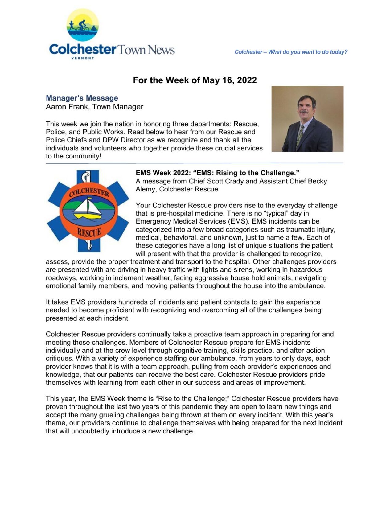 May 16 Town Newsletter: Town Manager Message, National Police, EMS and ...