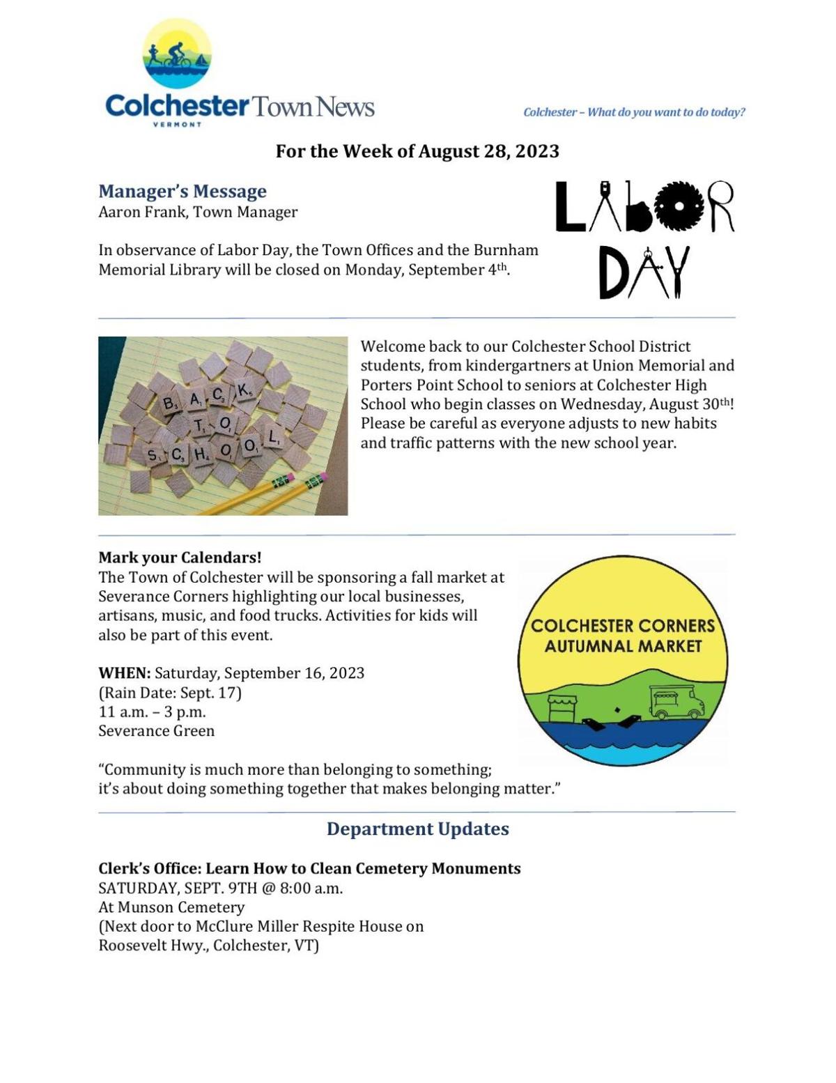 Aug. 28 Town Newsletter Labor day and starting of school reminders