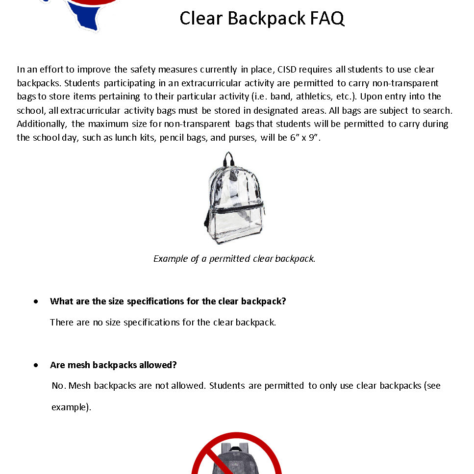 CISD Requiring CLEAR BACKPACKS for the 2022-23 School Year, News