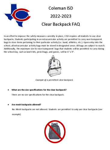 CISD Requiring CLEAR BACKPACKS for the 2022-23 School Year, News