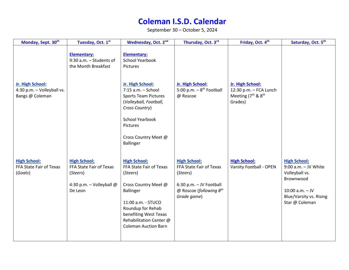 Coleman I.S.D. Calendar Sept. 30 Oct. 5, 2024 News