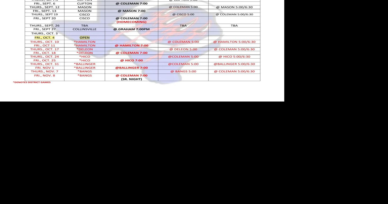 Coleman ISD Football Schedule 2024 Sports colemantoday com