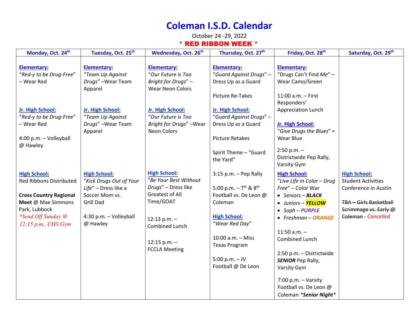 Coleman ISD Calendar for This Week News colemantoday com