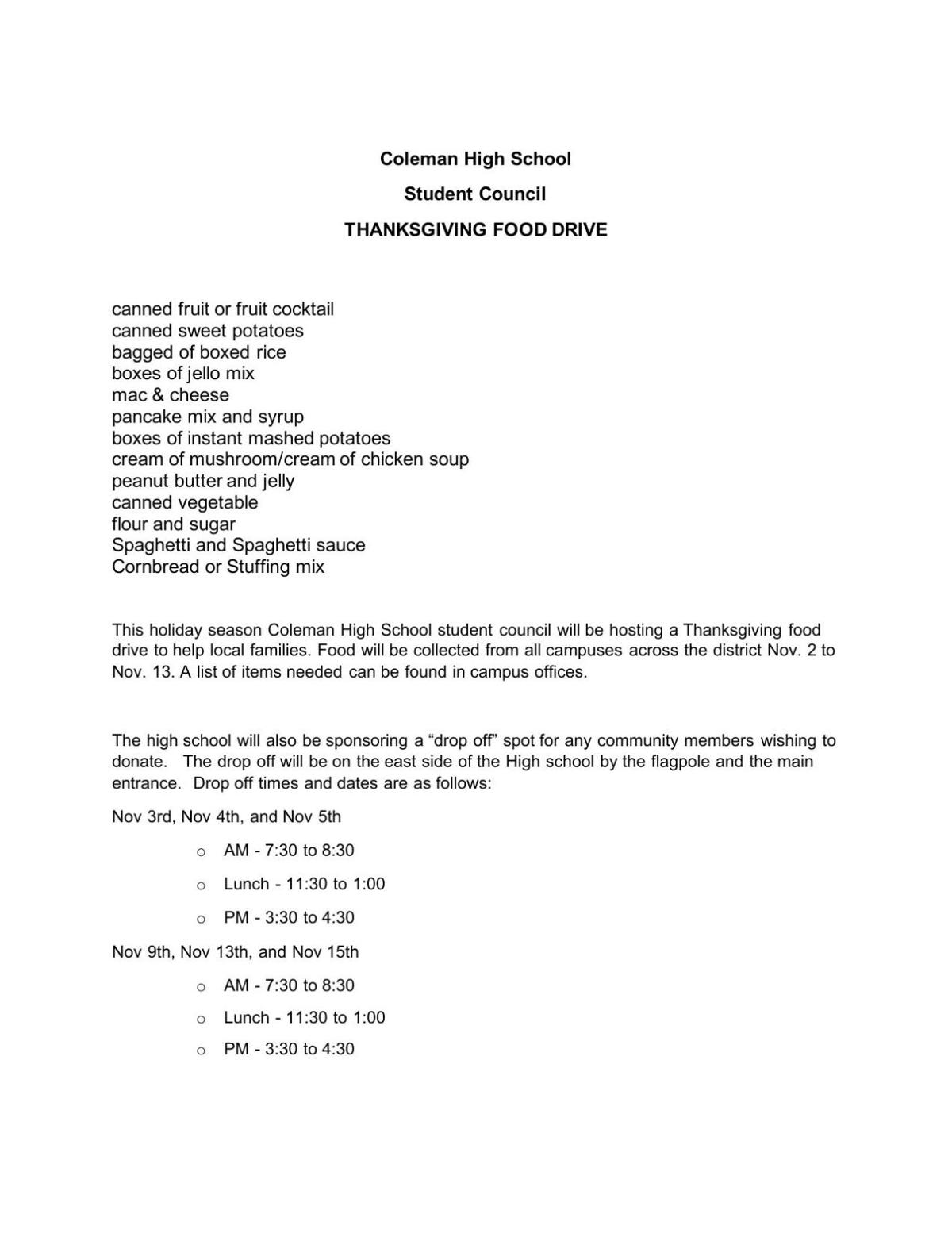 Chs Food Drive List Colemantoday Com