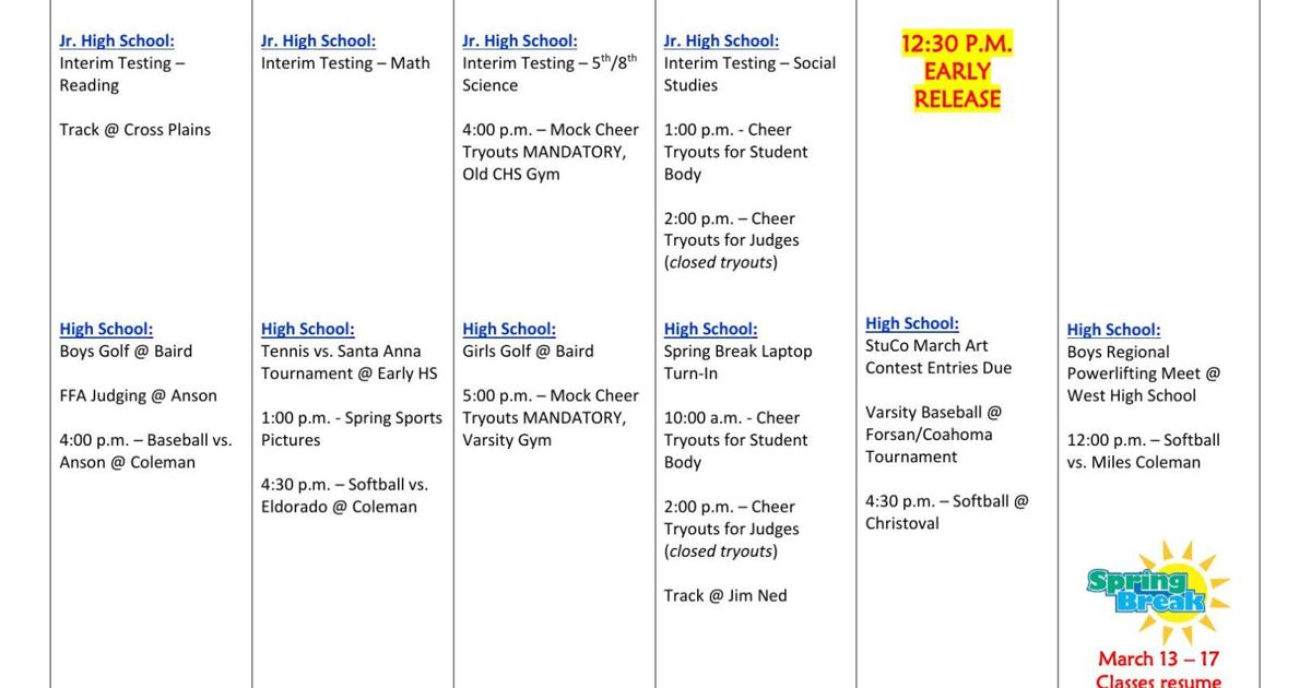 Coleman ISD Calendar for This Week News