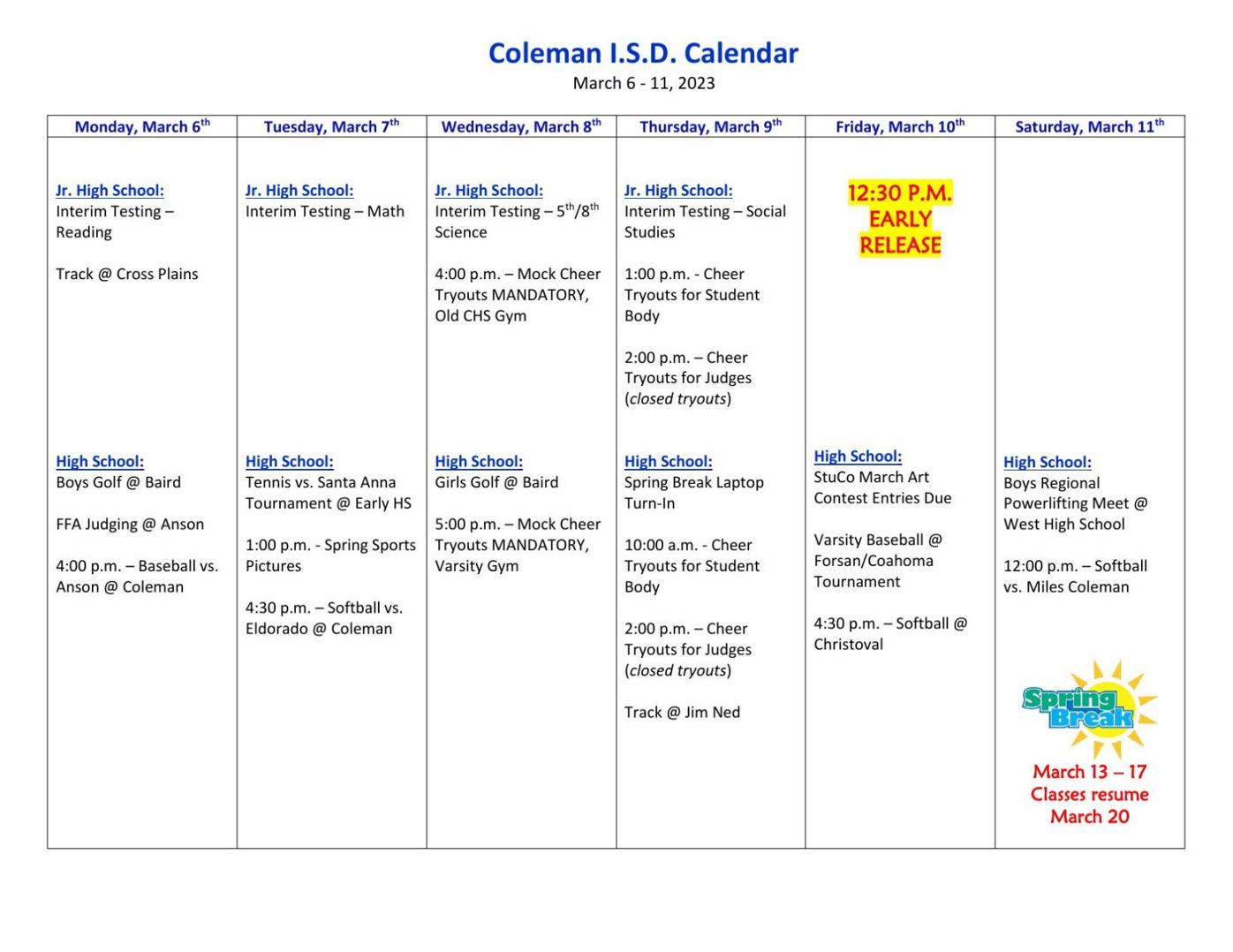 Coleman ISD Calendar for This Week